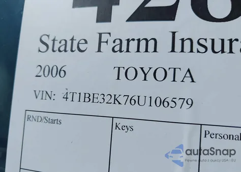 2006 Toyota Camry Le из США, поврежденный, VIN 4T1BE32K76U106579